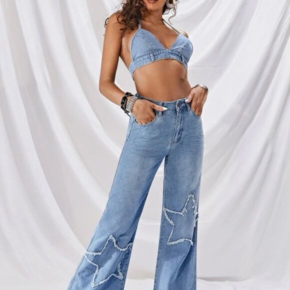 Vintage Style Western Festival Boho Denim Halter Tie Neck Backless Crop Top Bra - Picture 6 of 13